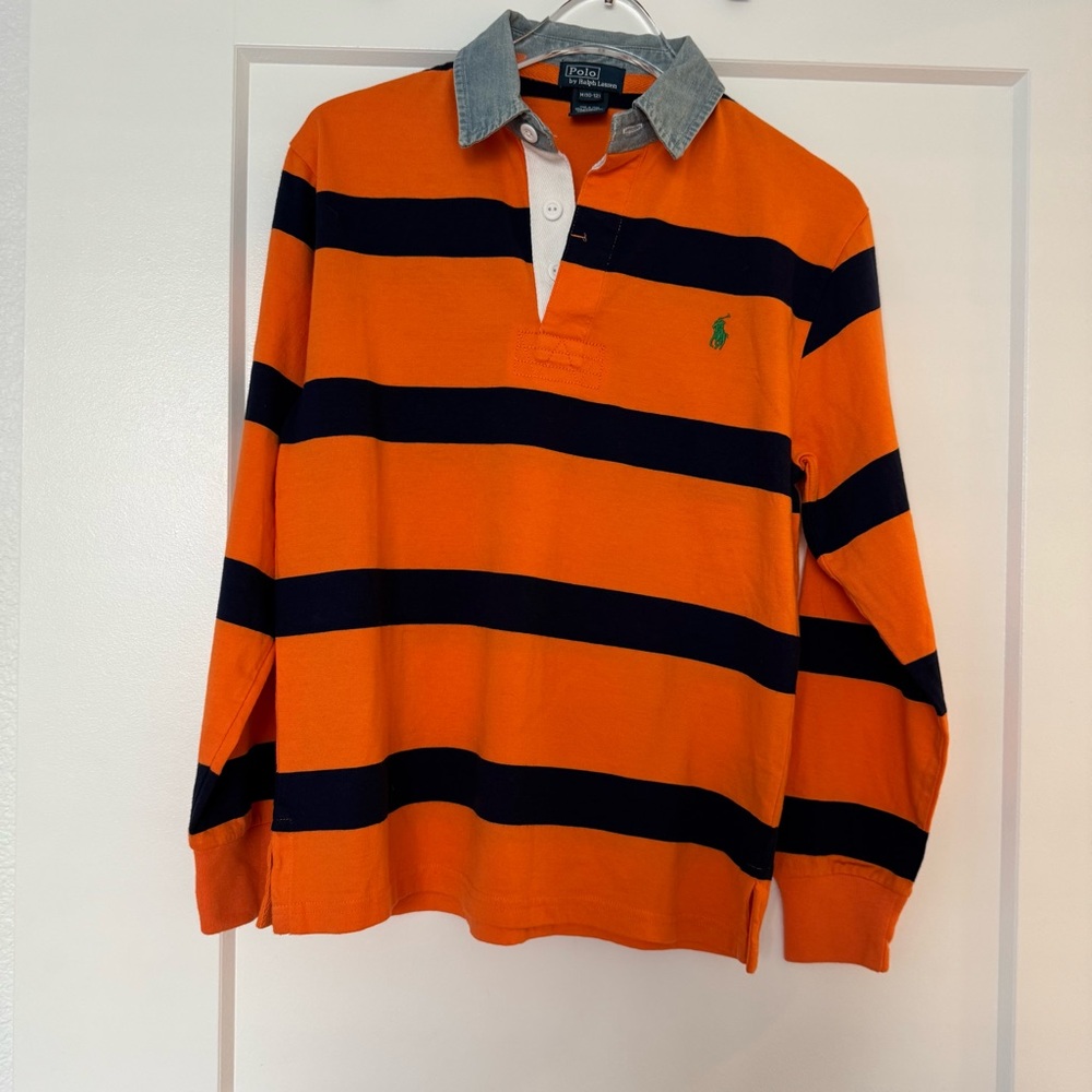 Vintage Polo Ralph Lauren Medium Orange Chambray Striped Rugby Shirt Kanye RARE